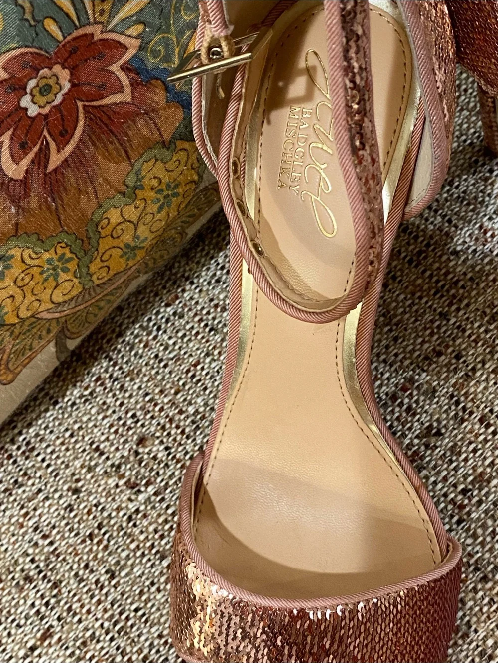 Badgley Mischka Rose Gold Sequin Ankle-Strap Heels